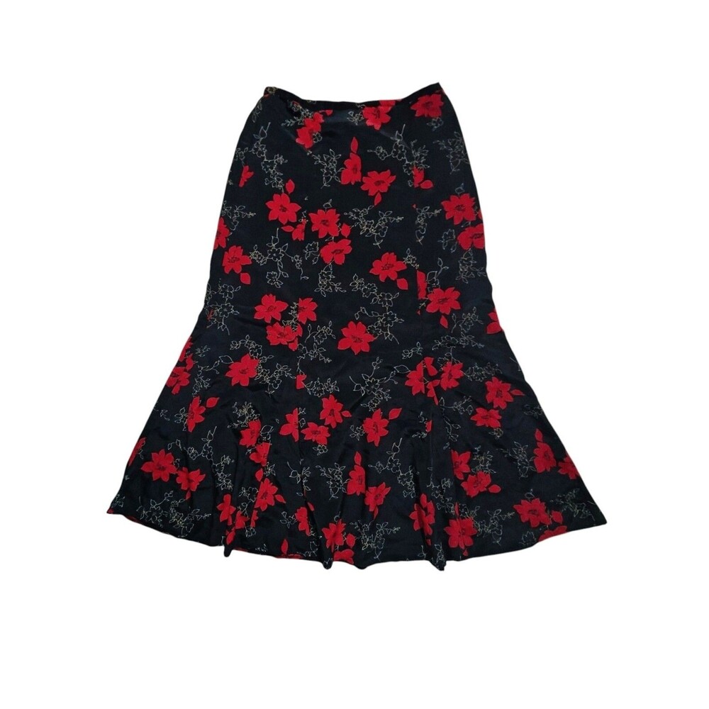 Vintage 90s Midi Skirt XS / S Ditsy Floral Black Red Grunge Goth Whimsigoth Long